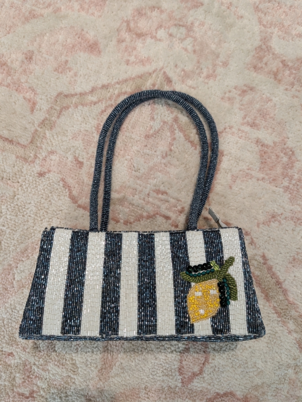 Beaded Black & White Striped Lemon Accent Handbag
